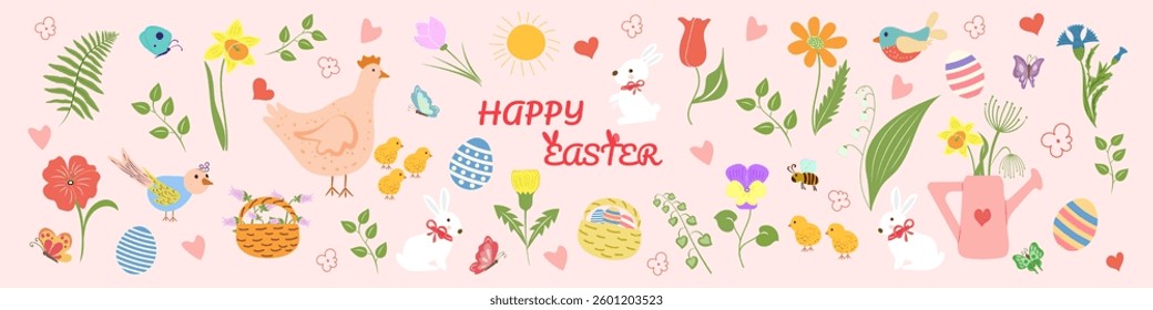 Charming Easter elements collection with hand-drawn bunnies, chicks, birds, eggs, flowers, and butterflies. Perfect for greeting cards, stickers, decorations, invitations, prints, and festive designs.