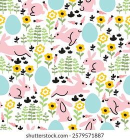 Charming Easter Garden with Rabbit and Floral. This delightful Easter-themed pattern perfect for seasonal decorations, gift wraps, or digital projects, celebrating the joy of Easter