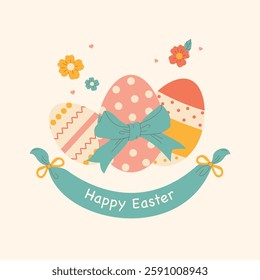 A charming Easter illustration featuring decorated eggs with a bow, flowers, and a festive banner. Perfect for greeting cards, invitations, posters, and holiday-themed designs.