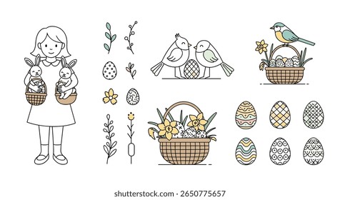 Charmosas ilustrações de páscoa com uma menina com cestas de coelhinhos flores primavera pássaros e ovos decorados para desenhos festivos