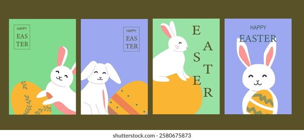 Charming easter rabbit designs with geometric accents for festive cards and posters.