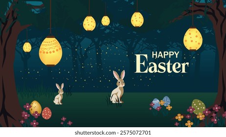 Charming Easter scene with soft lighting from hanging lanterns, illuminating two playful bunnies surrounded by colorful Easter eggs and blooming flowers. The scene is set in a serene forest-like backg