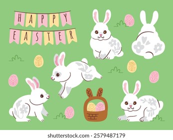 Charming Easter themed pack featuring playful white bunnies on grass, decorated eggs, and festive banners in pink and yellow pastel tones. Perfect for seasonal projects and designs.