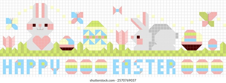 Charming Easter Tile Decor with Bunnies, Eggs, Flowers and Butterflies. Seamless border, Party Decoration Concept. Hand-Drawn Vector Illustration, Not AI-Property Release