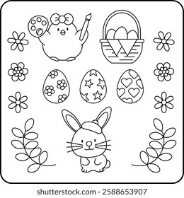 A charming Easter-themed vector featuring a bunny, chick with paintbrush, decorated eggs, flowers, and leaves. Ideal for coloring activities, crafts, and holiday decorations.