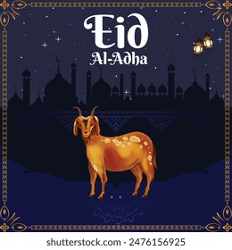 Charming Eid al-Adha Mubarak card featuring a goat, night sky with stars, mosque silhouette, and lanterns, celebrating the Islamic festival.