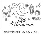 Charming Eid Mubarak doodle illustration featuring religious and festive elements like a mosque, moon, lantern, gifts, and cookies, perfect for celebration