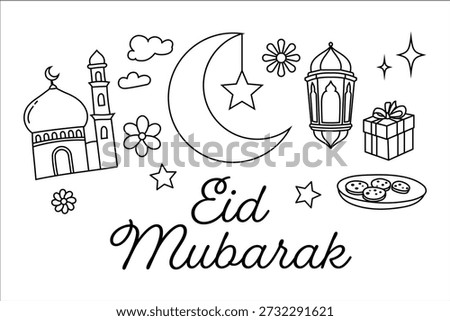 Charming Eid Mubarak doodle illustration featuring religious and festive elements like a mosque, moon, lantern, gifts, and cookies, perfect for celebration