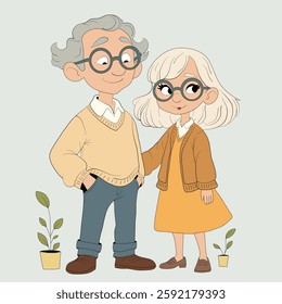 Charming Elderly Couple with Plants, Vector Illustration, Senior Love Art. A charming vector illustration of an elderly couple with plants, perfect for greeting cards, senior lifestyle designs