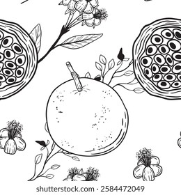 Charming and Elegant Line Art Illustrating Fruits and Flowers in Classic Black and White