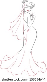 The charming elegant smiling woman with closed eyes in a long smart dress. Back view. Vector picture. Themes are wedding, bride./Beautiful bride with closed eyes 