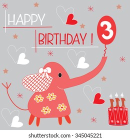 charming elephant with birthday greeting and cake and hearts vector illustration