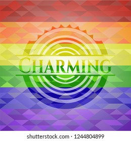 Charming emblem on mosaic background with the colors of the LGBT flag