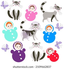 Charming endless backdrop for baby fabric with tumbler dolls, cats and butterflies isolated on white background. Pattern for bed linen. Vector illustration.