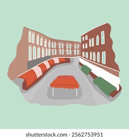 Charming European street with boutique shops, awnings, and classic architecture. Hand-drawn vector. Landmark icon historic architecture, cultural heritage, travel destination, famous attraction.