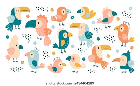 Encantadores pájaros exóticos, loros coloridos infantiles y tucanes selva paraíso de la vida silvestre habitante conjunto ilustración vectorial. Personajes de pajarito animados lindos tropicales volando, tarareando y sentándose