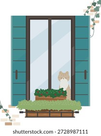 Vista exterior encantadora de uma janela com um gato bonito espiando através do vidro, decorado com plantas e persianas.
