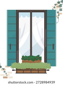 Vista exterior encantadora de uma janela com cortinas brancas e plantas verdes exuberantes em uma caixa de plantador, decorada com hera.
