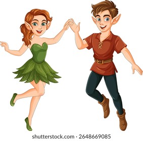 Charming fairies in vibrant attire dance joyfully. Whimsical style with bright colors and dynamic composition