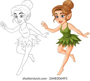 Fada encantadora com cabelo castanho e vestido verde em uma pose animada. Inclui versões coloridas e de contorno para uso versátil