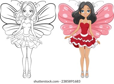 A charming fairy with butterfly wings in a doodle outline for coloring pages