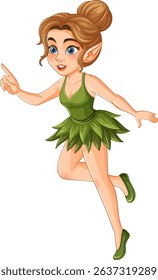 Charming fairy character with a bun hairstyle and green leaf dress. Vibrant colors and whimsical style enhance the magical theme