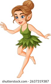Charming fairy with a green leaf dress and bun hairstyle. Vibrant colors and whimsical style enhance the magical theme