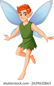 Charming fairy illustration with vibrant colors, featuring blue wings and a green outfit. Dynamic pose and whimsical style