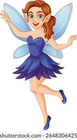 Charming fairy illustration with vibrant colors, showcasing delicate wings and a playful pose. Ideal for fantasy-themed projects