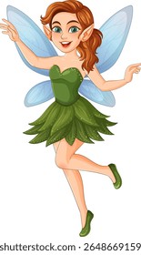 Charming fairy illustration with vibrant colors, featuring a green dress and blue wings. Playful pose and cheerful expression