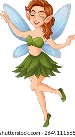Charming fairy illustration with vibrant colors, featuring a green dress and blue wings, expressing joy and whimsy