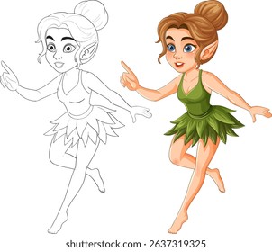 Charming fairy with pointed ears and bun hairstyle in vibrant green dress. Includes colored and outline versions for versatile use