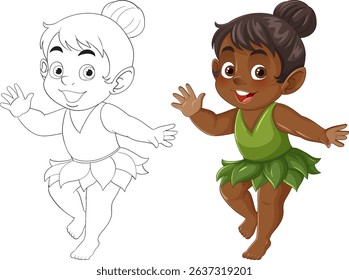 Charming fairy with vibrant colors and playful pose. Includes both colored and outline versions for versatile use