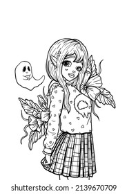 Charming fairytale character with a kind little ghost, cute cartoon girl-goth with pointed ears and big eyes in checkered skirt and blouse with hearts and skull,  surrounded by beautiful flowers.