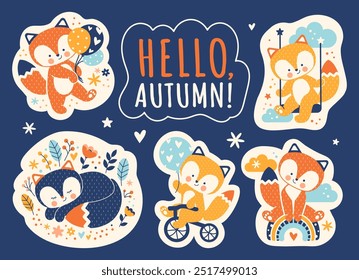 Charming fall aesthetic. Hand-drawn vector stickers featuring playful foxes. Whimsical animals for seasonal projects. Bright, cheerful fall theme