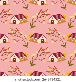 Charming outono-inspirado vetor padrão sem emenda com casas aninhadas entre folhagem colorida, flores de galho. Ideal para têxteis sazonais, decoração infantil e papel de embrulho acolhedor.