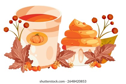 Charming fall-themed illustration featuring a pumpkin spice drink in a decorated mug and a sweet layered dessert with syrup. Surrounded by autumn leaves, berries, and florals for cozy seasonal appeal.