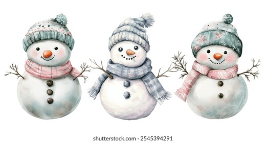 Charming family of snowmen wearing cozy hats and scarves in soft pastel colors. Each snowman has a cheerful expression, making this illustration perfect for holiday designs, winter scenes