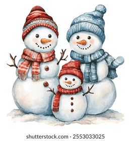 Charming family of snowmen wearing cozy hats and scarves in soft pastel colors. Each snowman has a cheerful expression, making this illustration perfect for holiday designs, winter scenes, and festive