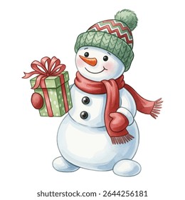 Charming family of snowmen wearing cozy hats and scarves in soft pastel colors. Each snowman has a cheerful expression, making this illustration perfect for holiday designs, winter scenes.