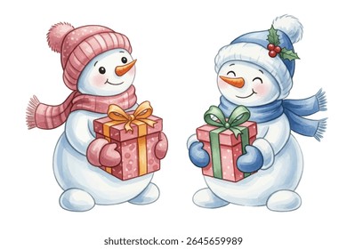 Charming family of snowmen wearing cozy hats and scarves in soft pastel colors. Each snowman has a cheerful expression, making this illustration perfect for holiday designs, winter scenes.