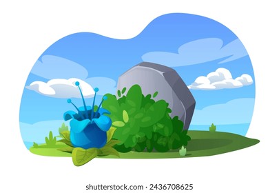 A charming fantasy blue flower blooming on a hill near a stone under a blue sky with clouds. Illustration for exciting magical game scenes. Vector landscape with fantastic flowers.