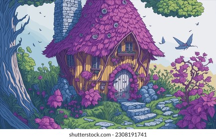 A charming Fantasy Fairy Home creates a cheerful. Nature. Cute illustration of landscape, village, countryside, meadow, field of flowers, and mountains for poster, background, or cover