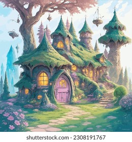 A charming Fantasy Fairy Home creates a cheerful. Nature. Cute illustration of landscape, village, countryside, meadow, field of flowers, and mountains for poster, background, or cover