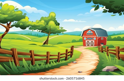 Charming farm path with red barn, wooden fence, and trees in rolling hills. Vector cartoon landscape illustration