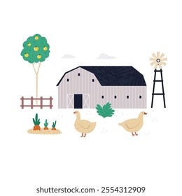 Charming Farm Scene: Barn with Goose and Windmill Illustration. Delightful Country Scene, Design
