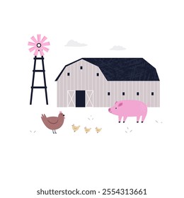 Charming Farm Scene: Barn with Hen and Pig, Windmill Illustration. Delightful Country Scene, Design
