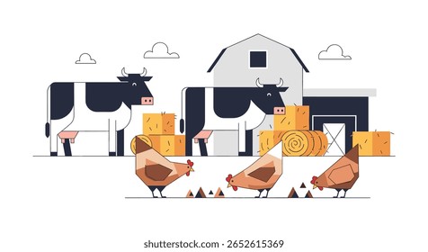Charming Farm Scene with Livestock and Agricultural Elements Featuring a Cow and Chickens Near a Barn and Hay Bales