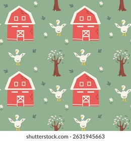 Charmoso padrão de quintal com celeiros rústicos e patos para design de decoração de casa de campo.