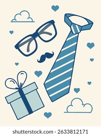 Charming Father's Day illustration with a tie, glasses, mustache, gift box, clouds, and hearts in a blue and off-white palette. Perfect for cards, banners, and digital greetings for dads.